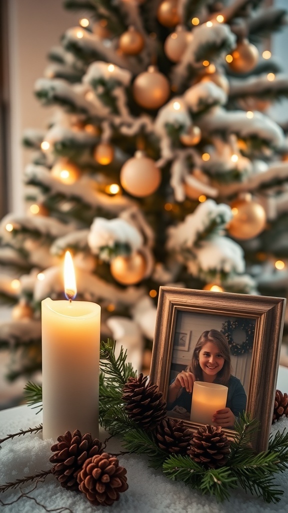 A Christmas tree with candles and a photo of a loved one, symbolizing remembrance during the holidays.